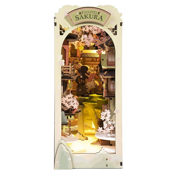 Rolife 3D Jigsaw Puzzle DIY Book Nook Kit,DIY Dollhouse Bookend Stand DIY Bookshelf Insert Decor Gift for Teen Adults(Falling Sakura)
