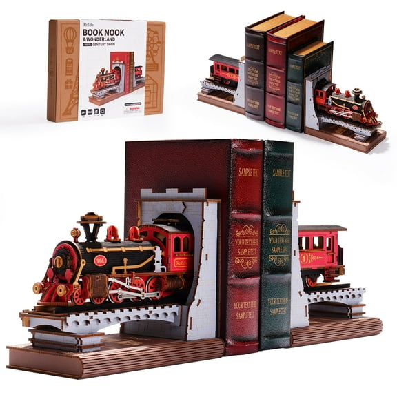 Rolife 3D Puzzles for Adults DIY Book Nook Kit Wooden VintageTrain Decorative Bookends 6.5" Model Building Kit Crafts for Adults Gifts for Boys Girls