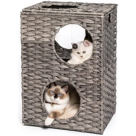Rolife Cat House Wicker Cat Bed for Indoor Cats Woven Rattan Cat Condos Outdoor Sturdy Large Cat Furniture with Cushion,Gray