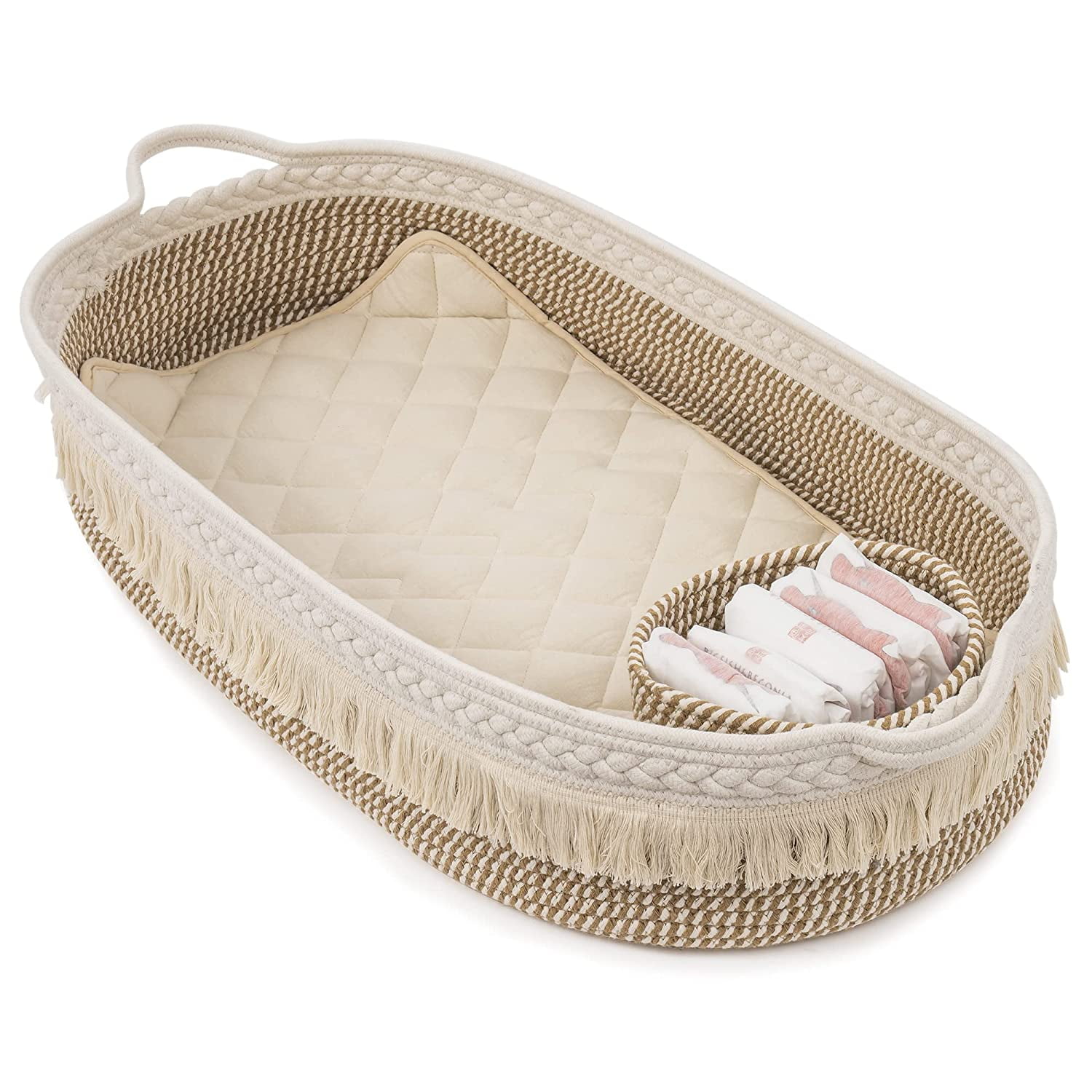 Lumbi Baby Changing Moses Basket - Multi Handle Handmade Cotton Rope Set with Portable Bag, Soft Blanket, Waterproof Pad, and Foam Mattress w/Cover