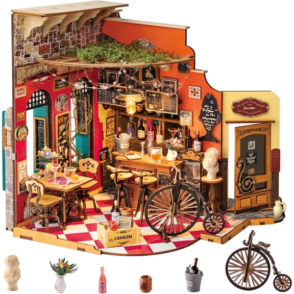Rolife Cheers Bar & Dining DIY Miniature House Kit for Adults, Mini Wooden Dollhouse, Tiny House Diorama Building Kits