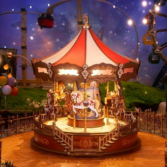 Rolife DIY 3D Wooden Puzzle Carousel Music Box Model Kit, Architectural Craft Project for Home Decoration Valentine Christmas Gift