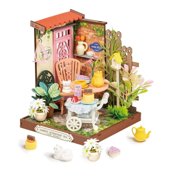 Rolife DIY Miniature House Wood Kit Fancy Tea Yard Home Desk Bookshelf Decoration Birthday Gifts for Adult Boys & Girls