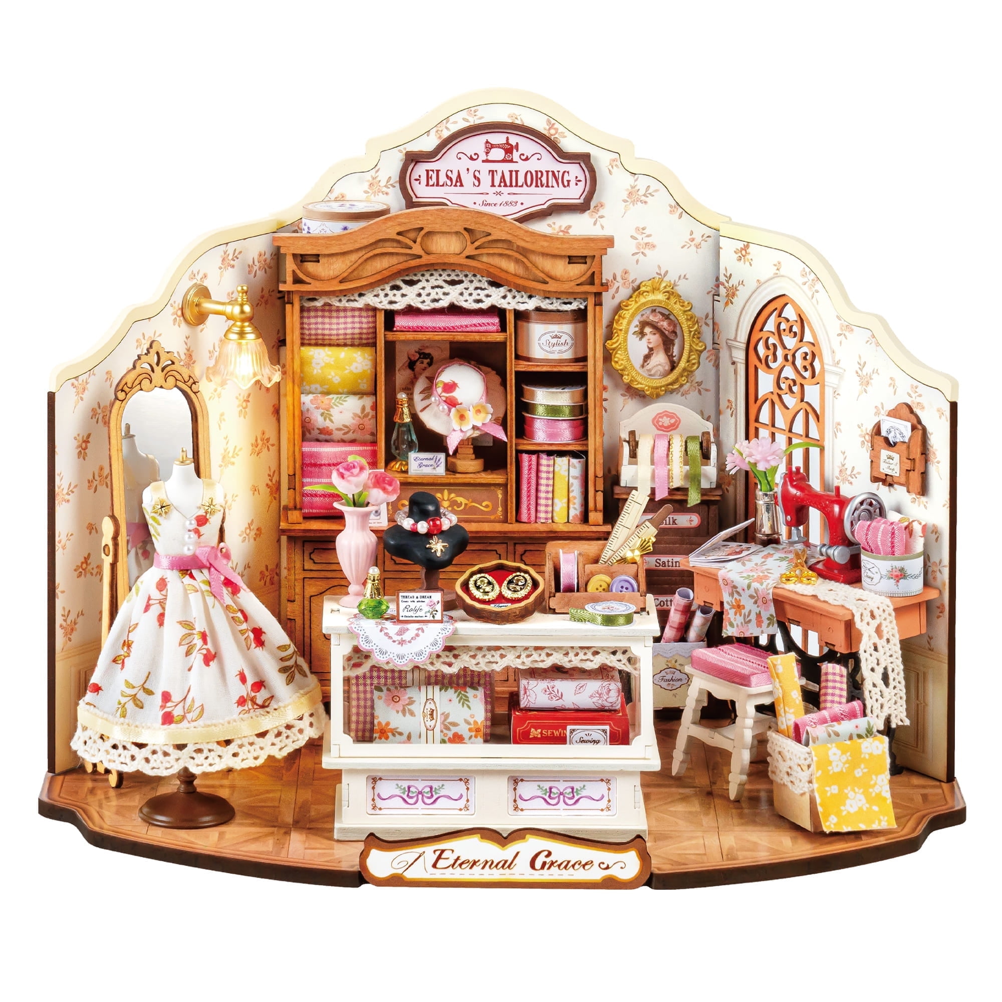 Rolife Elsa's Tailoring Hut DIY Miniature House Wooden Puzzle Craft Kit, with Accessories, Lace style, French country for Adults & Kids Gifts