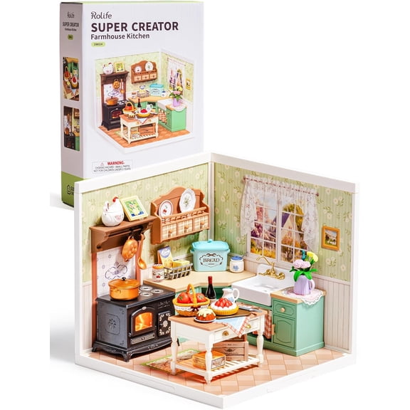 Rolife Farmhouse Kitchen Super Creator Kits, Tiny House Building Blocks for Little Dolls, DIY Plastic Model Building Kit