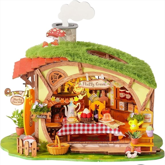 Rolife Fluffy Grove DIY Miniature House Kit, Glue-Free Wooden Mushroom Cottage Dollhouse with Warm LED Light and Furniture for Adults