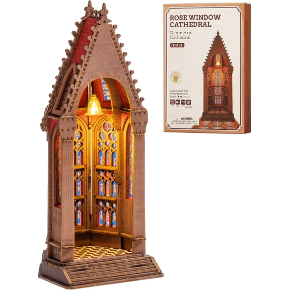 Rolife Geometry Cathedral 3D Wooden Puzzle for Adults, DIY Craft Building Kit with LED Floral Chandelier, Checkered Floor, Gothic Rose Window Model, Unique Home Desk Decor Birthday Gift
