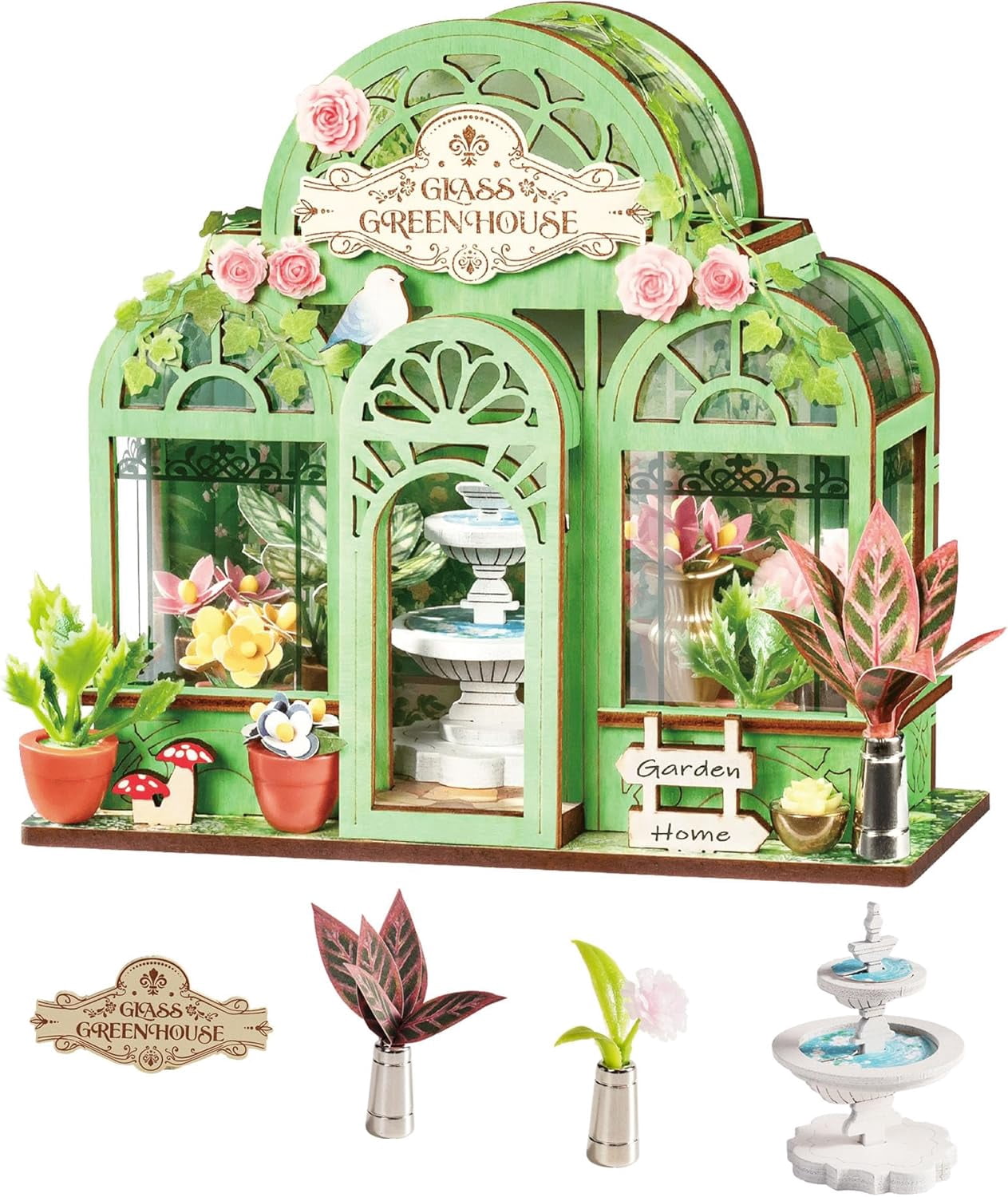 Rolife Green Garden DIY Miniature House Kit, 3D Wooden Puzzle Bookshelf ...