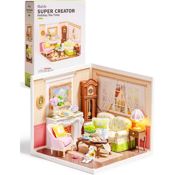 Rolife Holiday Tea Time Micro Building Blocks Kit, Tiny Dollhouse Model for Teens & Adults, DIY Plastic Miniature Scene with Furniture, Cozy Desk Decor Craft Gift