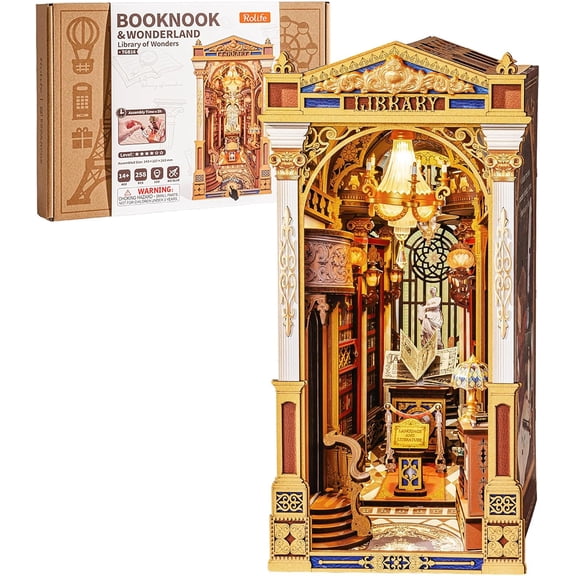 Rolife Library of Wonders Book Nook Kit 3D Puzzle, 10.4" Baroque-Style Bookshelf Insert with Dual LED Lighting, Decorative Bookends for Adult Crafters Book Lovers Unique Gift