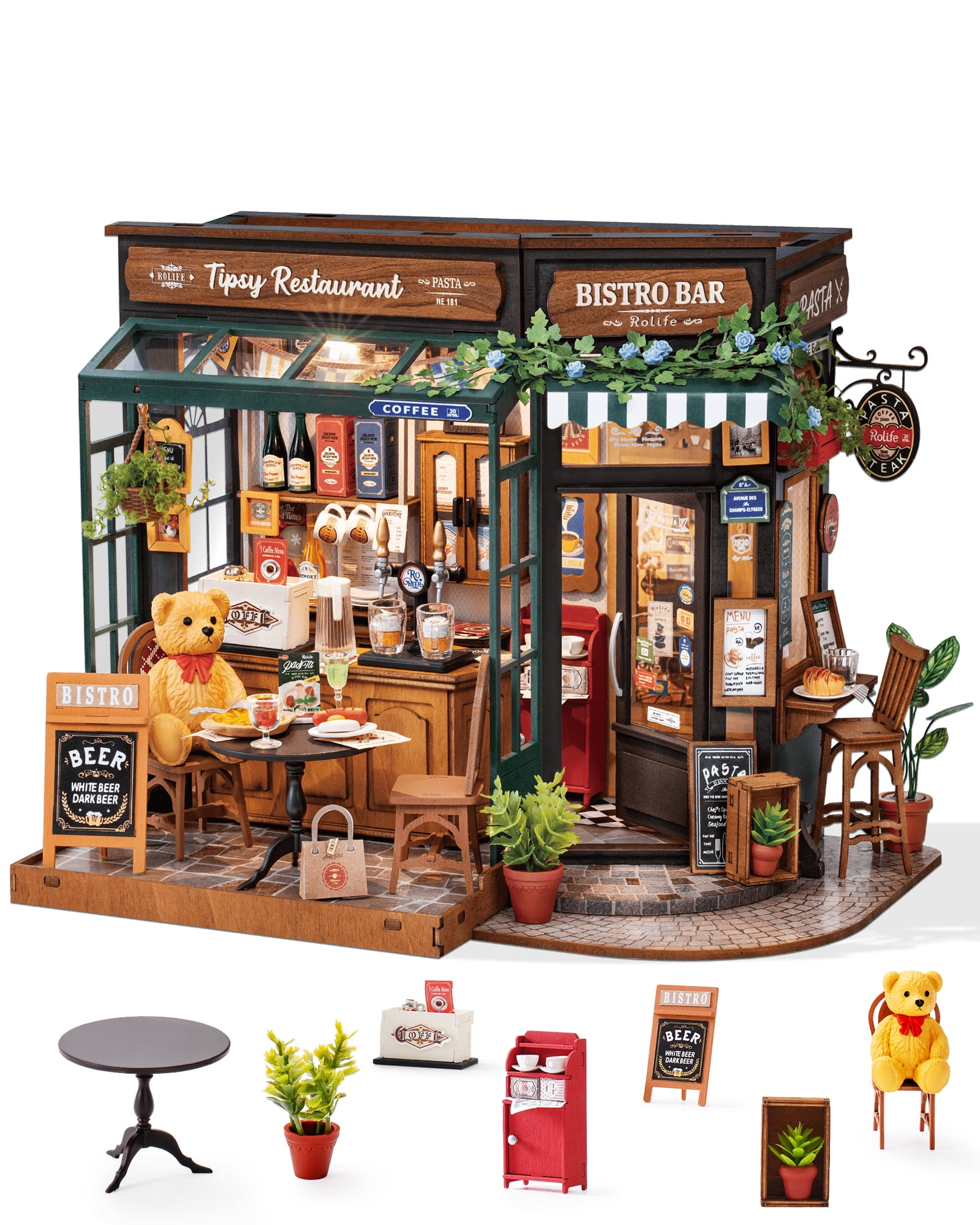 Rolife Miniature House Kit Tipsy Restaurant DIY Birthday Gifts for Adult Boys & Girls