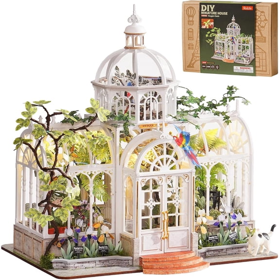 Rolife Oxygen Oasis DIY Miniature Greenhouse Kit, 1:24 Scale 1,168-Piece Botanical Dollhouse with LED Light, Tropical Plants and Animal Details for Adults
