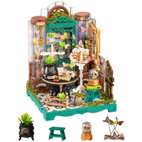 Rolife Potions Workshop DIY Miniature House Kit, Fantasy Apothecary Diorama Dollhouse with Potion Bottles and Magical Laboratory Details for Collectors