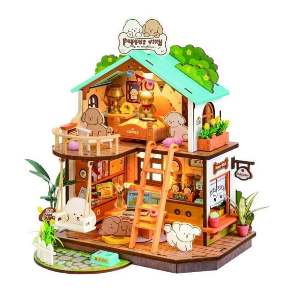 Rolife Puppy's Cozy Villa House DIY Miniature Dollhouse Xmas Gift for Adult Kids