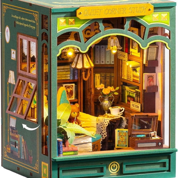 Rolife Quiet Corner Study DIY Book Nook Kit, 185-Piece No-Glue 3D Wooden Puzzle Library Bookshelf Insert with LED Lighting and Openable Window for Adults