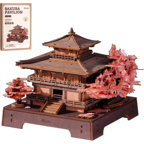 Rolife Sakura Pavilion 3D Wooden Puzzle Kit, Japanese Garden Miniature Model with Cherry Blossom Design, Wooden Home Decor for Adults