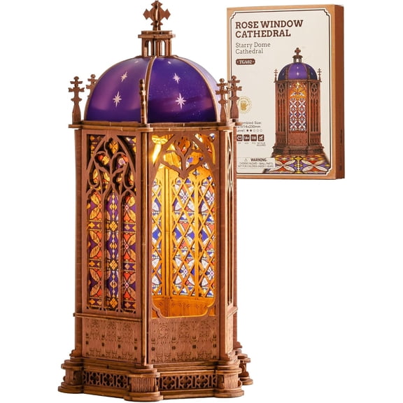 Rolife Starry Sky Dome Cathedral 3D Wooden Puzzle for Adults, DIY Craft Building Kit with LED Lights, Cobalt Blue Gold Star Decor, Gothic Openwork Model, Unique Home Desk Decor Birthday Gift