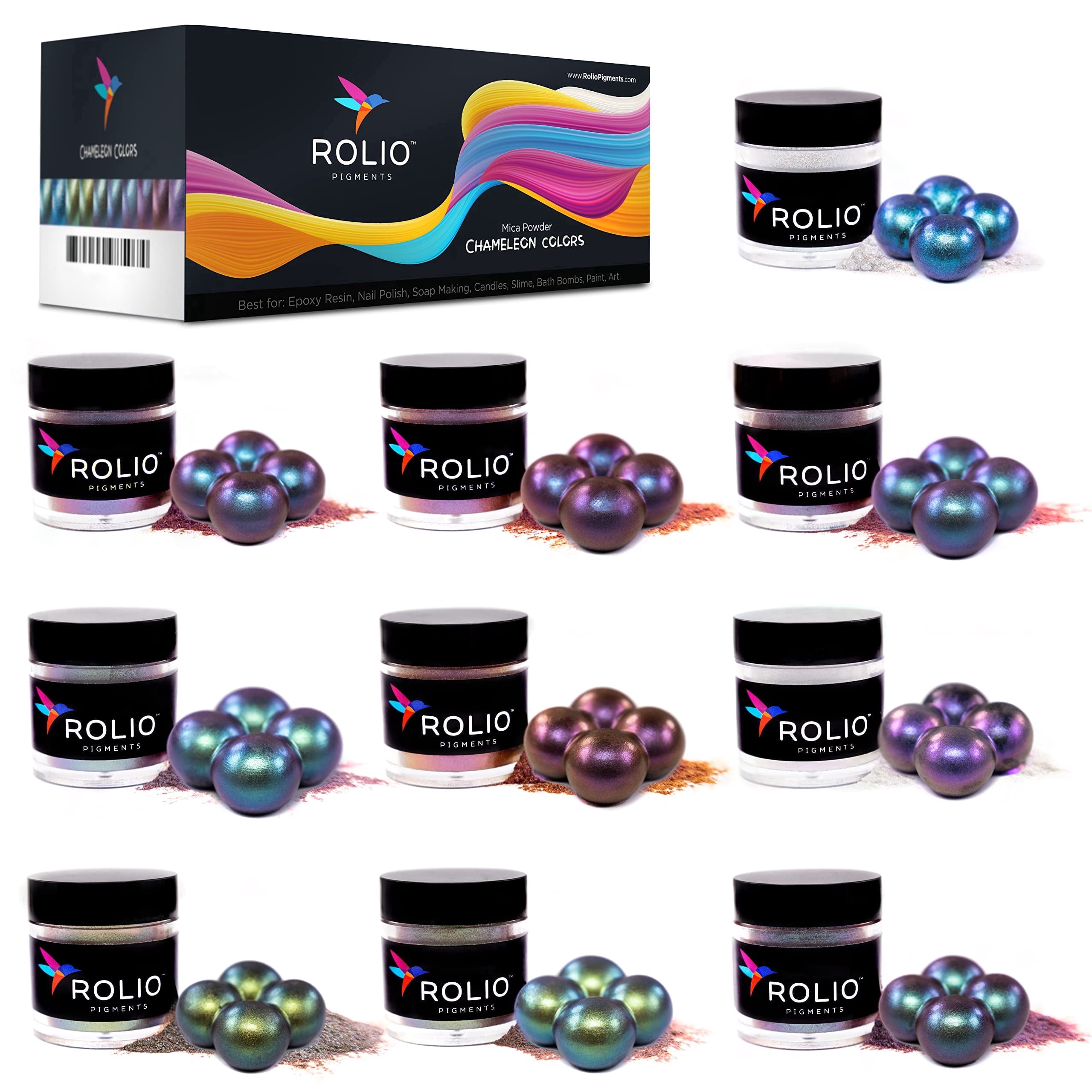 Rolio - Chameleon Mica Powder, Shift Powder Pigment for Epoxy Resin, Arts and Crafts, Jewelry, Tumbler, Painting, Nail Art - (10 Colors x 5g Jars)