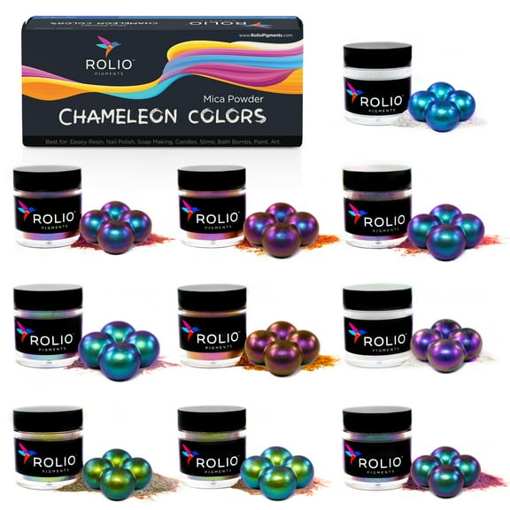 Rolio - Chameleon Mica Powder, Shift Powder Pigment for Epoxy Resin, Arts and Crafts, Jewelry, Tumbler, Painting, Nail Art - (10 Colors x 5g Jars)