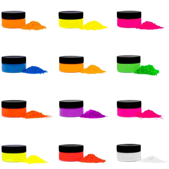 Rolio - Fluorescent Neon Powder - 12 Jars of Pigment for Paint, Dye, Soap Making, Nail Polish, Epoxy Resin, Candle Making, Bath Bombs, Slime (3g)