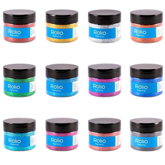 Rolio Holographic Glitter Set - 12 Jars, 15g each, - Cosmetic Holographic Grade Glitter for Resin, Makeup, Face & Body Art, Craft Supplies, Nail Decoration - Vibrant Set (15g)