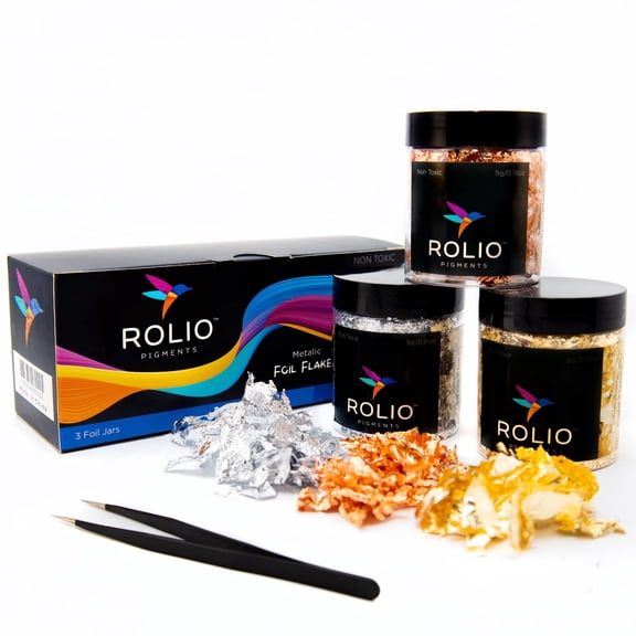 Rolio Metallic Foil Flakes, 3 Bottles (Gold, Copper, and Silver), Imitation Gold Foil Flakes for Epoxy, Nail Art, Painting, DIY Arts & Crafts, Slime, Face & Eye Makeup, Resin Jewelry 5g/0.17 oz Each
