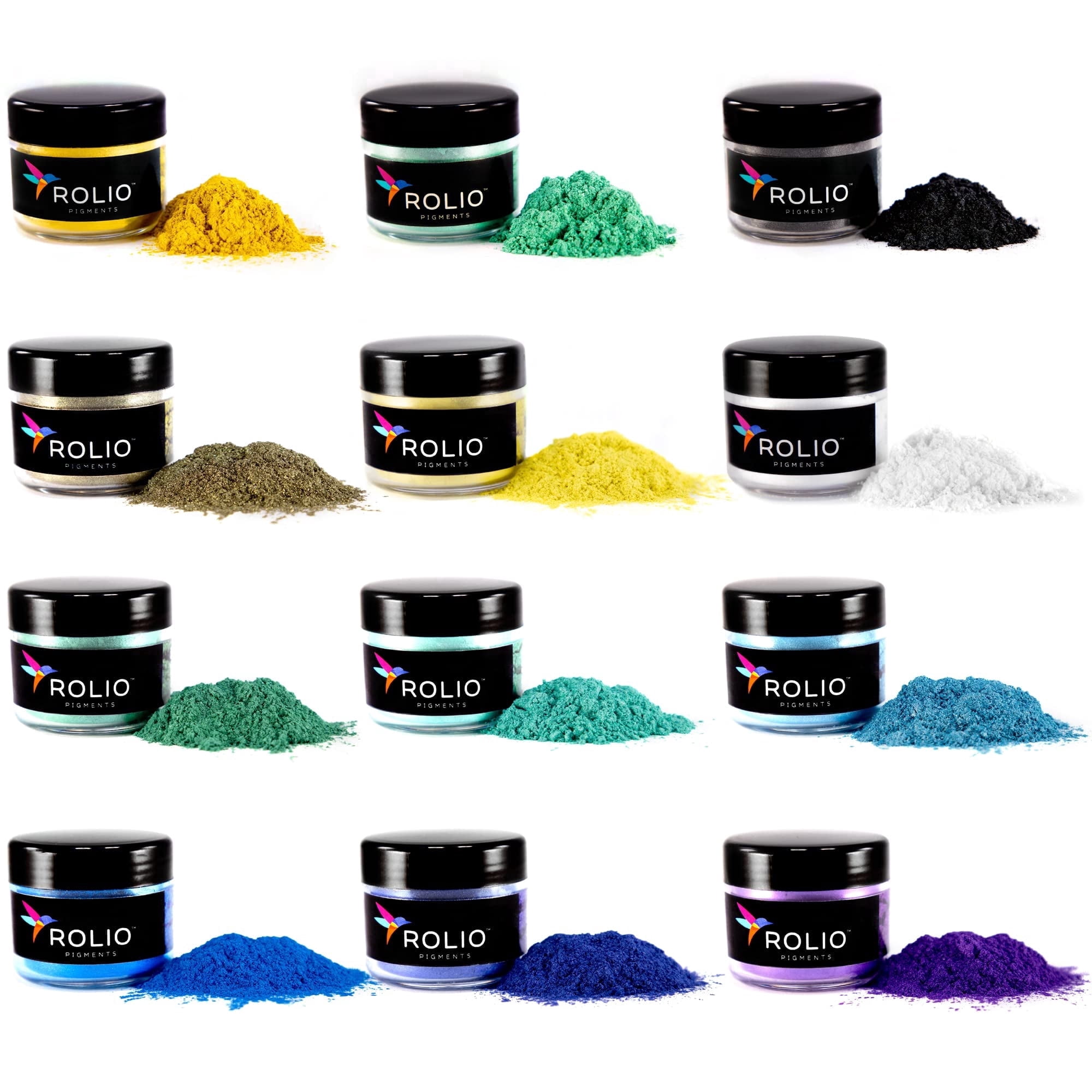 Rolio Mica Powder - Pearlescent Pigment Powder - Mixing and Color Blending for Epoxy Resin, Soap, Nails & DIY Crafts - 10g, 12 Jars, Summer Mountains