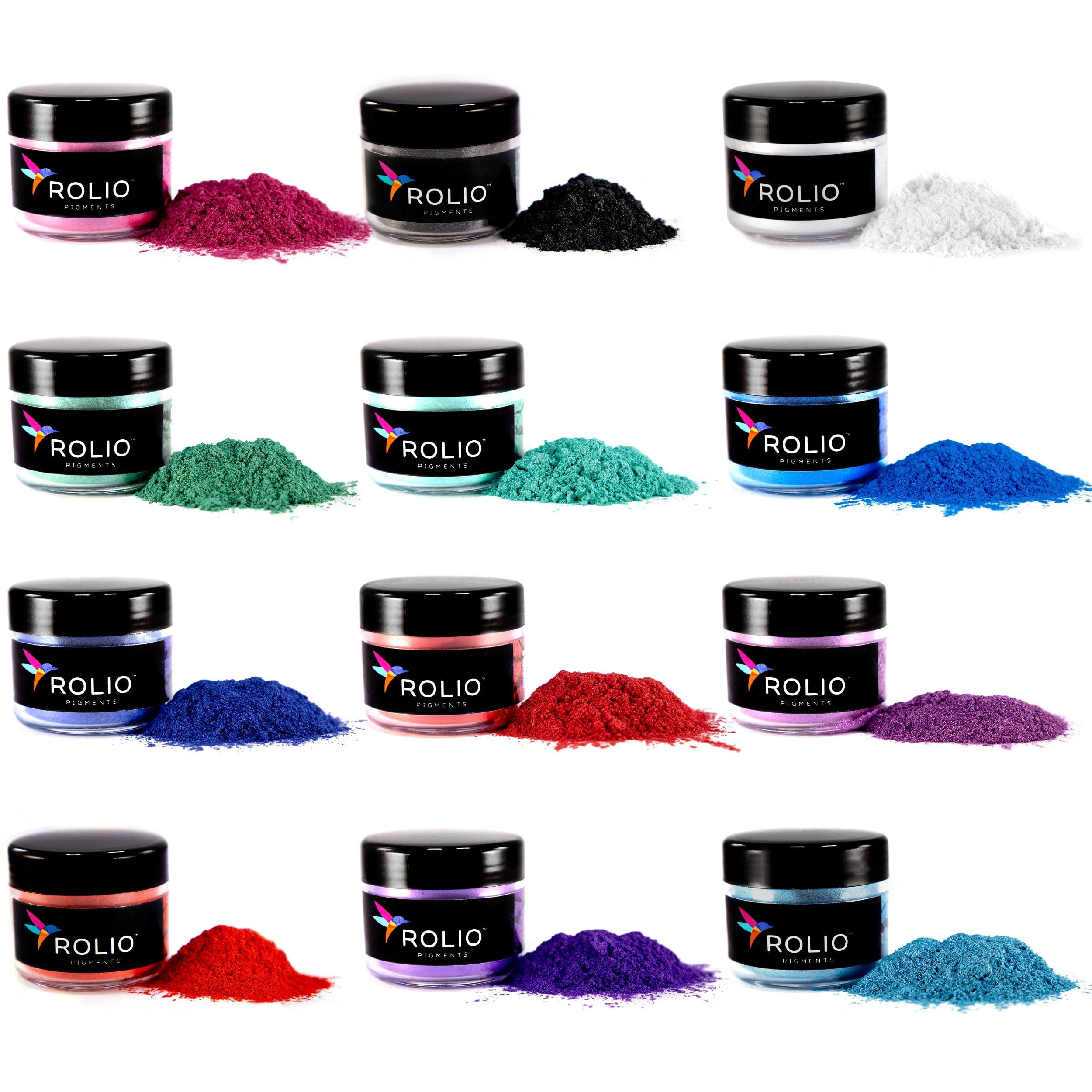 Rolio - Mica Powder - 12 Jars of Pearlescent Color Pigment for Paint, Dye, Soap Making, Nail Polish, Epoxy Resin, Candle Making, Bath Bombs, Slime 
