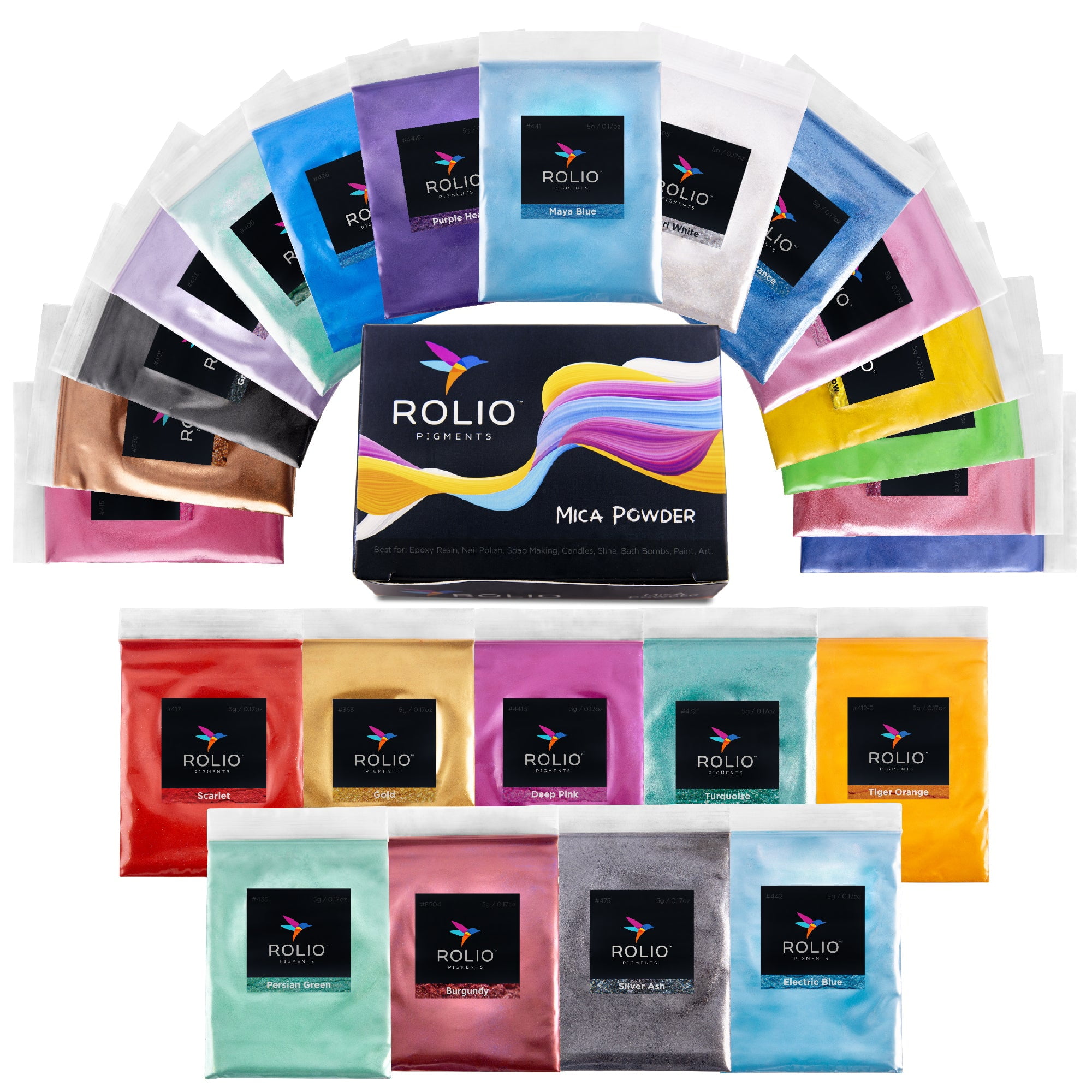 Rolio - Mica Powder - 24 Bags of Pearlescent Color Pigment for Paint, Dye, Soap Making, Nail Polish, Epoxy Resin, Candle Making, Bath Bombs, Slime