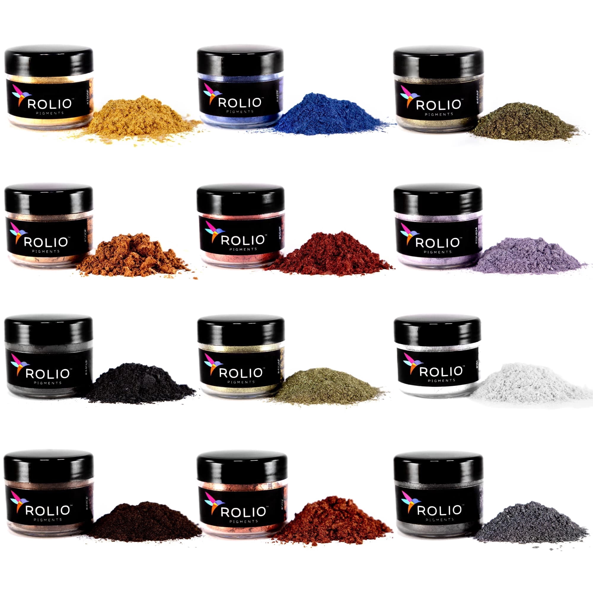 Rolio Mica Powder - Pearlescent Pigment Powder - Mixing and Color Blending for Epoxy Resin, Soap, Nails & DIY Crafts - 10g, 12 Jars, Earth Colors