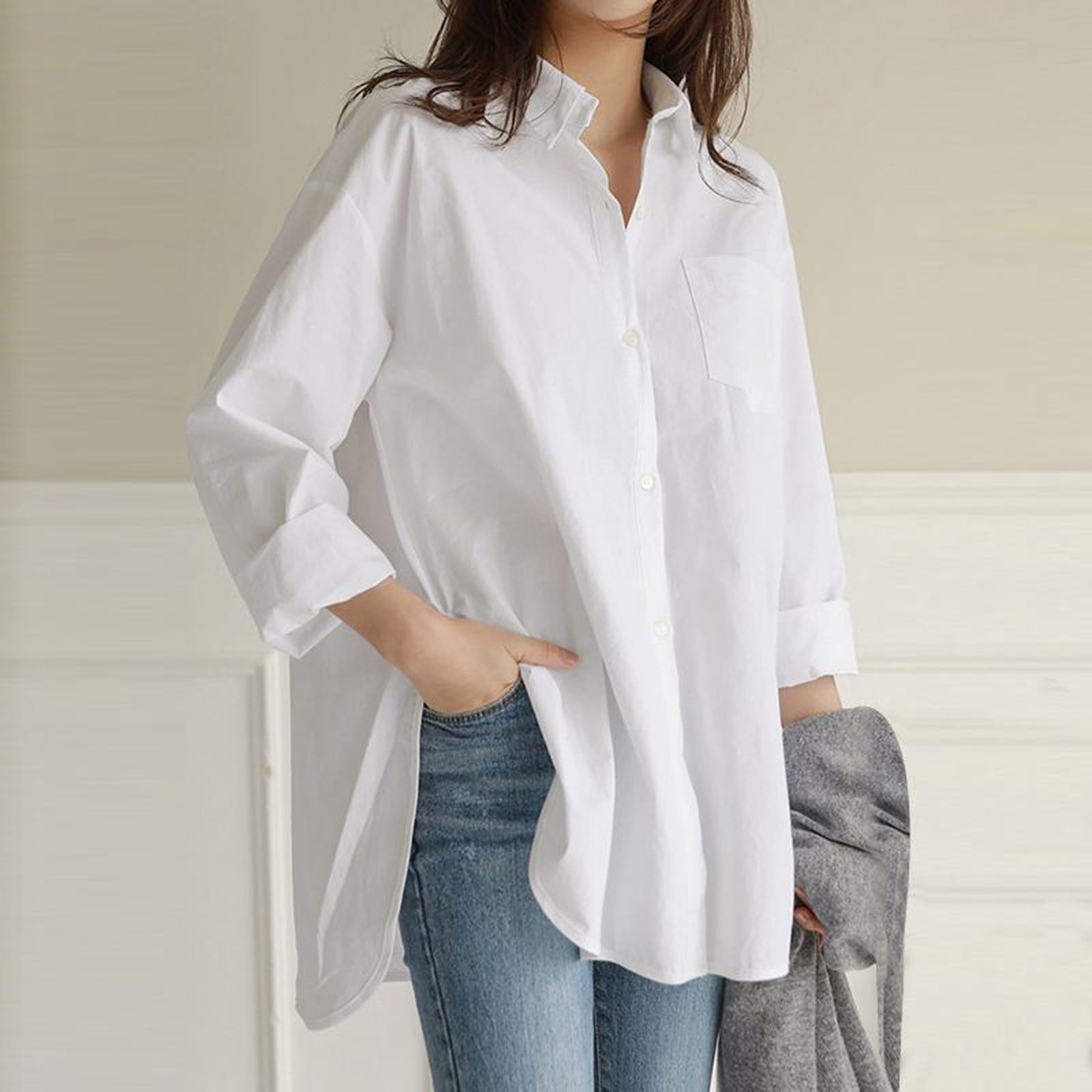 Roliyen Womens Tops Womens Shirts Plus Size Solid Pocket Loose Blouse ...