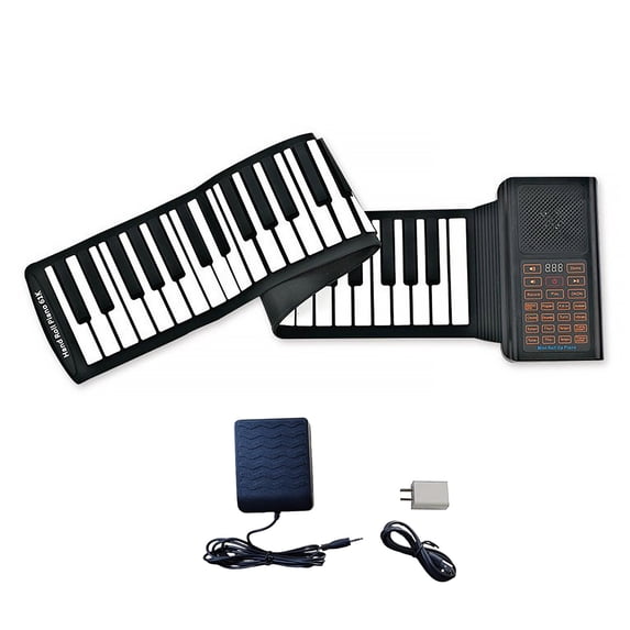 Roll Up 61 Keys Piano Keyboard with pedals, 128 Unique Tones Digital Electric Hand Roll Piano Keyboard with 1000mAh Rechargeable Battery for Kids Beginner