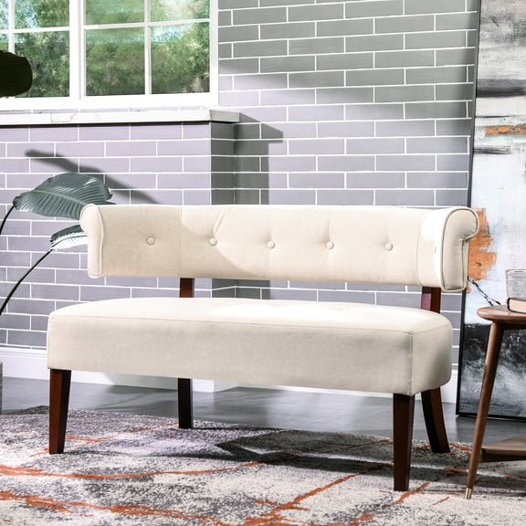 Roll Arm Beige Settee - For Bedroom And Entryway Use Hardwood & Plywood Frame Woven Fabric Foam Padding Recessed Appearance Mid-century Modern Feel Bench In Ideal For Strong Solid Upholstery Split
