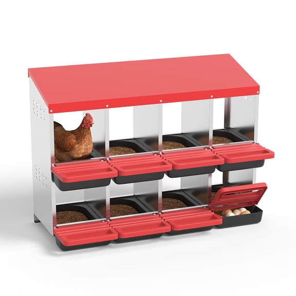 Roll Away Egg Collection Chicken Nesting Box 8 Compartments, Heavy Duty Galvanized Steel Rustproof Anti-Peck for Outdoor Coops Poultry Cages Red with Pegboard Pattern