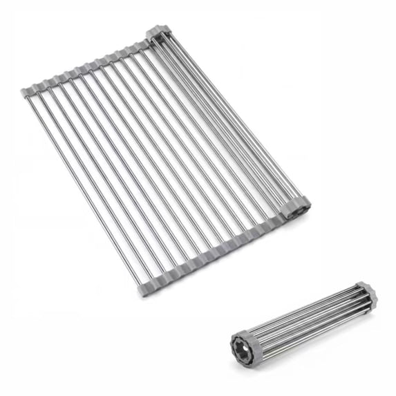 Roll Up Dish Drying Rack, 18.5" x 15.7" Stainless Steel Foldable Sink Rack, Anti-Slip Over Sink Storage Rack, Multi-Purpose Kitchen Drying Organizer for Sink Top