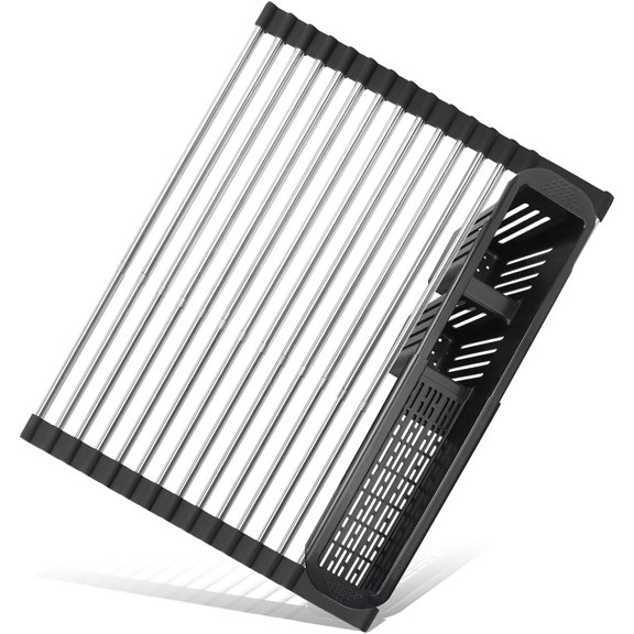Roll Up Dish Drying Rack,Expandable Over The Sink Dish Drainer,Stainless Steel Kitchen Rolling Sink Rack with Utensil Holder,Length Up to 22.3" (Black)