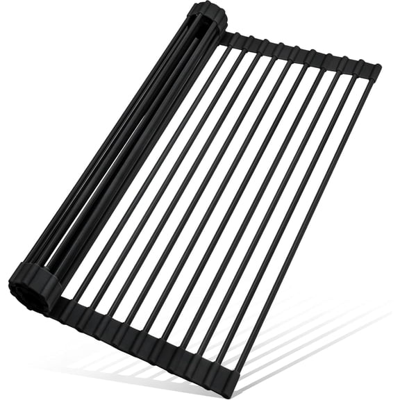 Roll Up Dish Drying Rack, Silicone Wrapped Over The Sink Drying Mat, Foldable Multipurpose Anti-Slip Rustproof Kitchen Rack - 17.5"x13" Black