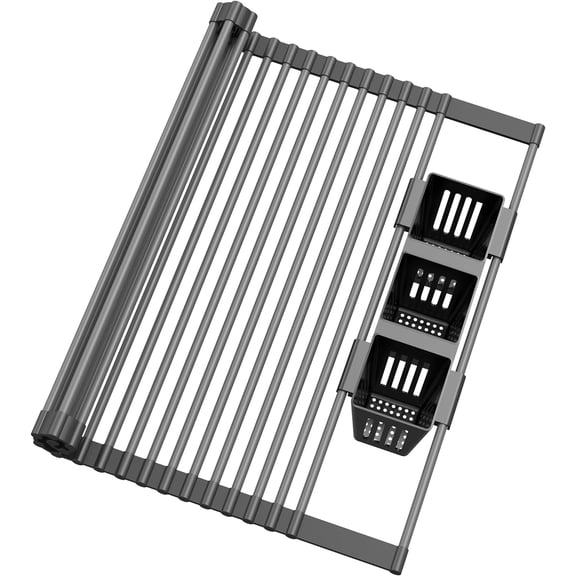 Roll Up Dish Drying Rack, Silicone Wrapped Over The Sink Multipurpose Foldable Dish Drainer Anti-Slip Dish Racks for Kitchen Counter, Sink Drying Rack Cover with Utensil Holder (Black, 17.3" x 17.6")