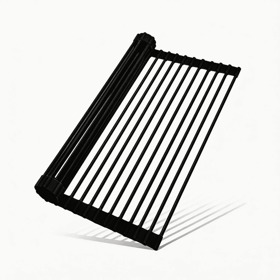 Roll Up Dish Drying Rack Over the Sink: 17.5" x 13" Silicone Dish Rack, Heat Resistant & Anti-Rust Foldable Kitchen Sink Mat - Space Saving, Black