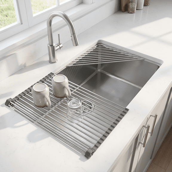 PLUZON Roll up Dish Drying Rack, 17.7" x 15.5" 304 Stainless Steel with Corner Sink Mat