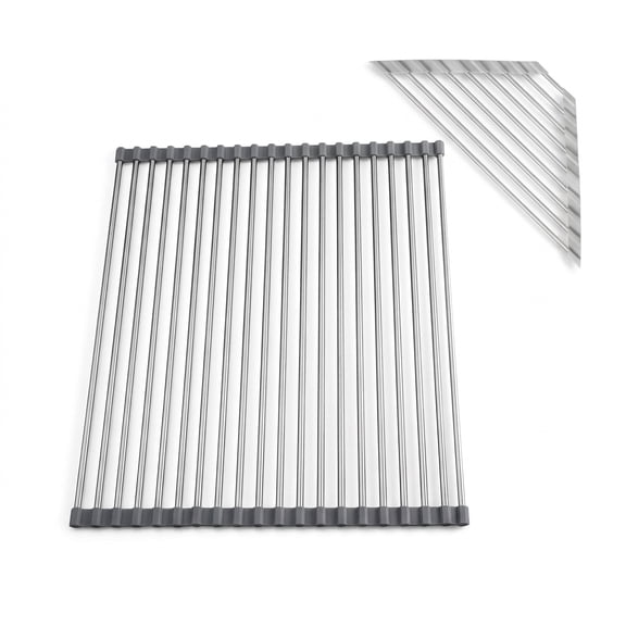 PLUZON Roll up Dish Drying Rack, 17.7" x 15.5" 304 Stainless Steel with Corner Sink Mat