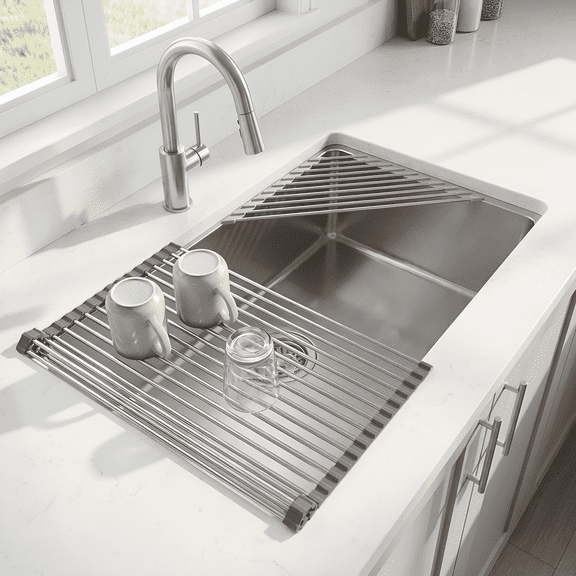 PLUZON Roll up Dish Drying Rack, 17.7" x 15.5" 304 Stainless Steel with Corner Sink Mat