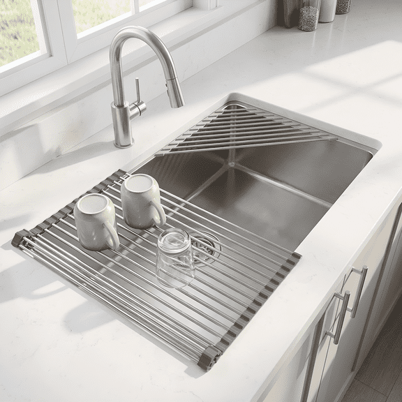PLUZON Roll up Dish Drying Rack, 17.7" x 15.5" 304 Stainless Steel with Corner Sink Mat