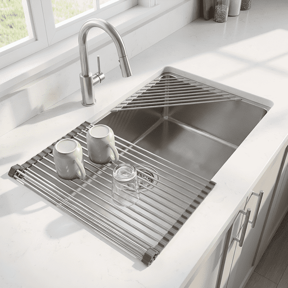 PLUZON Roll up Dish Drying Rack, 17.7" x 15.5" 304 Stainless Steel with Corner Sink Mat