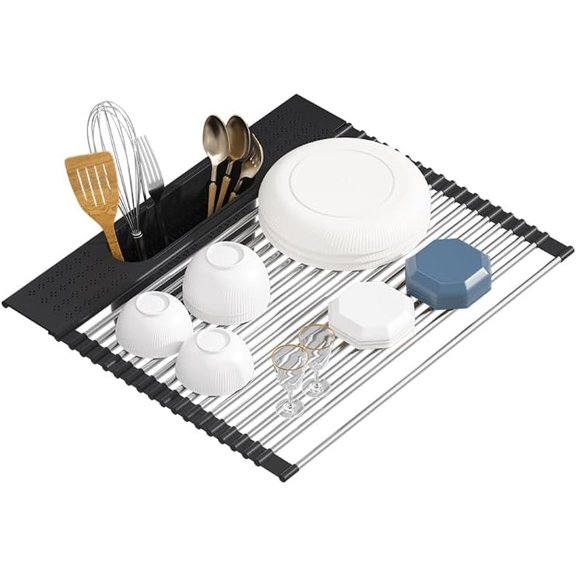 Roll Up Dish Drying Rack Over Sink, 20" X 15.2" Foldable SUS304 Stainless Steel Kitchen Dish Drainer, Heat-Resistant Multipurpose Rolling Sink Rack Organizer, Black