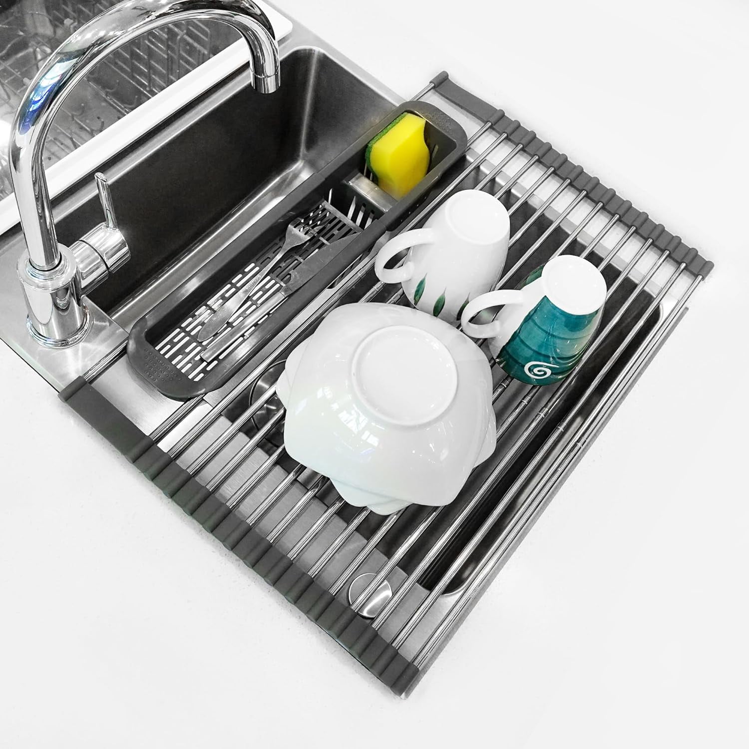 Roll Up Dish Drying Rack Over The Sink, 304 Stainless Stee Dish Drainer ...