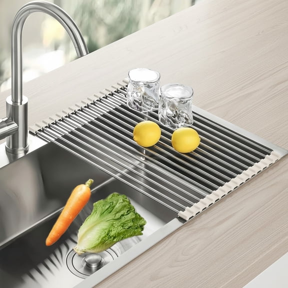 Roll Up Dish Drying Rack, Over The Sink Dish Drying Rack, Kitchen Dish Rack Foldable Dish Drainer, Stainless Steel Dish Drying Rack for Kitchen Sink Counter Storage (Grey)