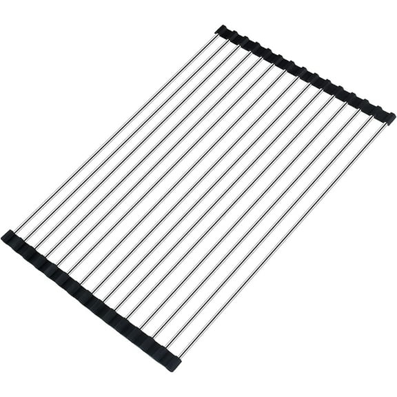 Roll Up Dish Drying Rack Over The Sink Drying Rack for Kitchen, Folding Dish Rack Over Sink Mat, Stainless Steel Dish Drainer Rack Kitchen Organizer Accessories Black 17"x11.8"