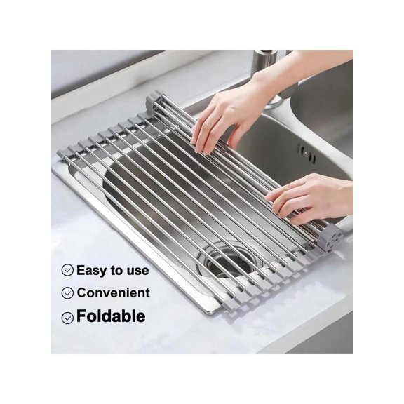 Roll Up Dish Drying Rack Over the Sink, Foldable Stainless Steel Kitchen Drainer with Silicone Frame, Multipurpose Dish Drying Mat for Dishes, Fruits, Vegetables, Gray