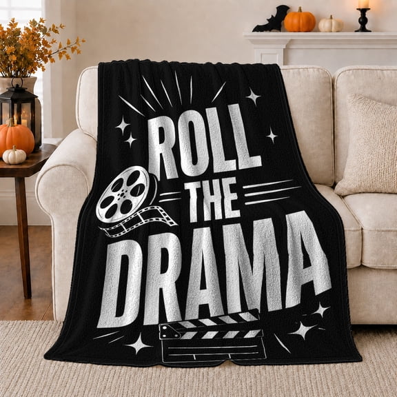 Roll the Drama Quote with Film Reel, Playful Cinema Style for Movie Lovers, Clapboard Star Pattern and Birthday Gift, Cozy Flannel Blanket for Game Room and Living Room, Home Decor
